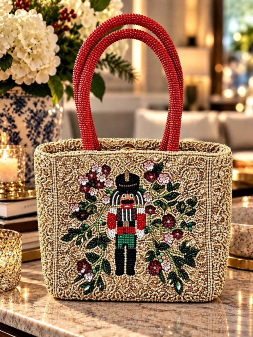 Anthropologie Beaded Nutcracker Tote Bag Beige & Red